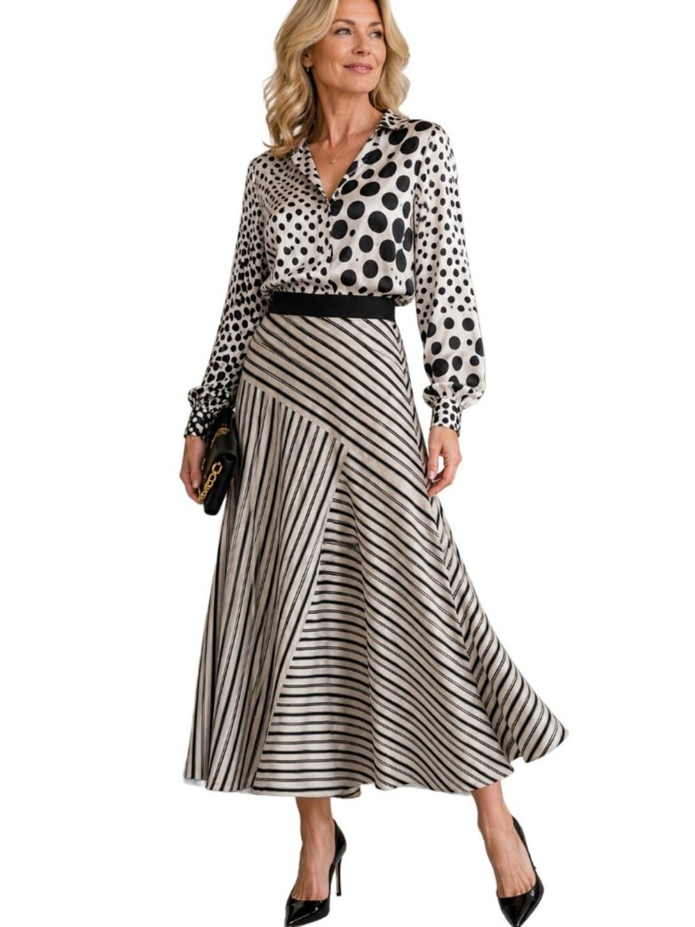 ANN TAYLOR Asymmetric Graphic Stripe Black and White Flared Maxi Skirt Sz 6 NEW